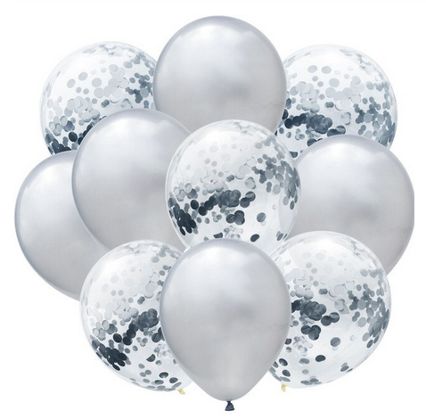 Lot de 10 ballons mixés : unis et confettis SILVER